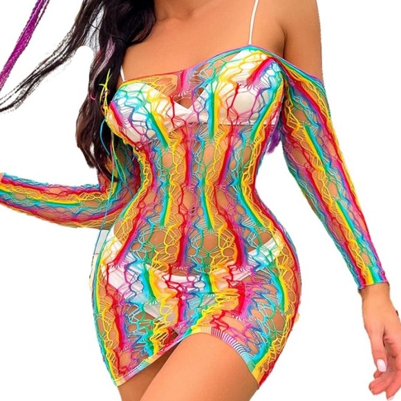 MoonFlowerBtq Other - Rainbow Lace Mesh Long-sleeve Fishnet Dress